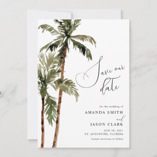 Palm Tropical Island Minimal Beach Save the Date Kaart (Voorkant)