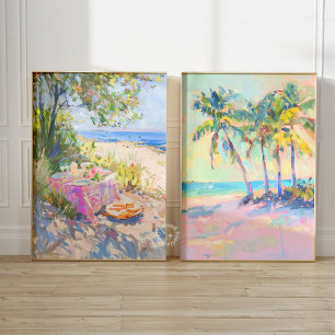 Palm Tropical Pastel Coastal Wall Art Set de 2