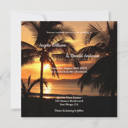 Palm Tropical Sunset Beach Mariage Invitation (Devant)