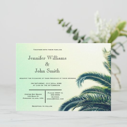 Palm Typography Bestemming Huwelijksuitnodigingen Kaart (Staand voorkant)