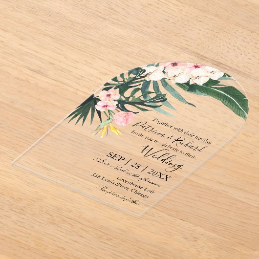 Palm verlaat tropische bestemming bruiloft acryl uitnodigingen (Laagn)