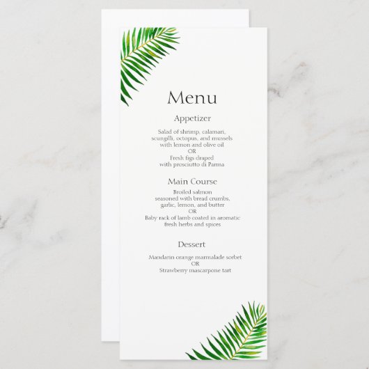 Palm vert tropicale menu feuille mariage (Devant / Derrière)