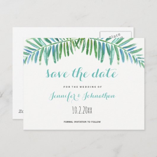Palmbestemming bruiloft bewaar de datumkaarten aankondigingskaart (Voorkant / Achterkant)