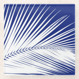 Palmblad - blauw van de marine en wit glazen onderzetter