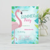 Palmblad, Roze Flamingo, Zomer Verjaardagsfeestje Kaart (Staand voorkant)
