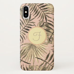 Palmblad tropisch roze perzik gouden monogram iPhone x hoesje