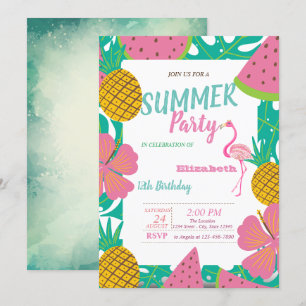 Palmblad, tropische vruchten roze flamingo verjaar kaart