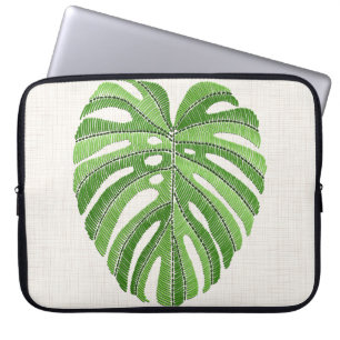 Palmbladeren geborduurd. Green Tropical Monstera Laptop Sleeve
