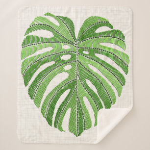 Palmbladeren geborduurd. Green Tropical Monstera Sherpa Deken