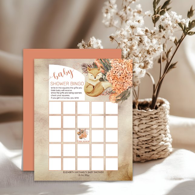 Palmbladeren |Hydrangeas Fox Baby shower Bingo Kaa (Boho Palm Leaves and Hydrangeas Sleeping Fox Baby Shower Bingo Card)