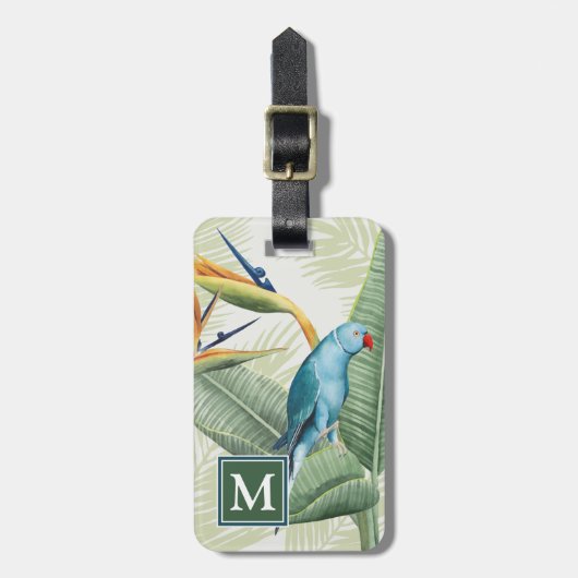 Palmbladeren met blauwe vogel bagagelabel (Voorkant verticaal)