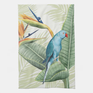 Palmbladeren met blauwe vogel theedoek