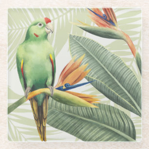Palmbladeren met een groene vogel glazen onderzetter