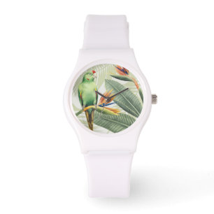 Palmbladeren met een groene vogel horloge