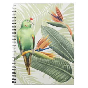 Palmbladeren met een groene vogel notitieboek