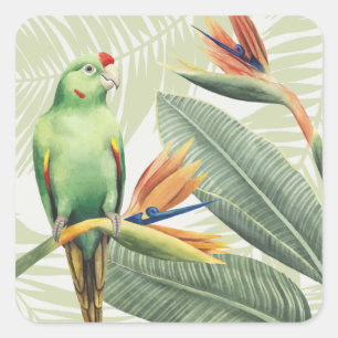 Palmbladeren met een groene vogel vierkante sticker