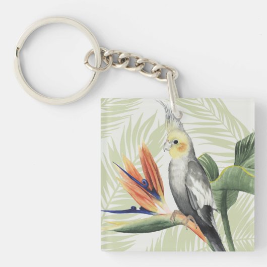 Palmbladeren met zwarte vogel sleutelhanger (Voorkant)