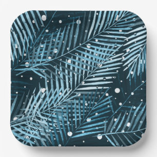Palmbladeren op blauw met witte poka-stippen. papieren bordje