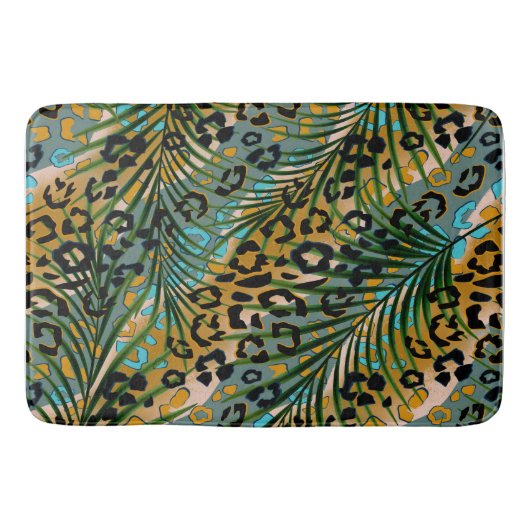 Palmbladeren op een luipaard achtergrond. badmat (Voorkant)