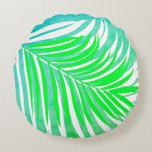 Palmbladeren Patroon Groen Blauwgroen Blauw Tropis Rond Kussen