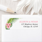 Palmbladeren roze hibiscus tropisch etiket (Insitu)