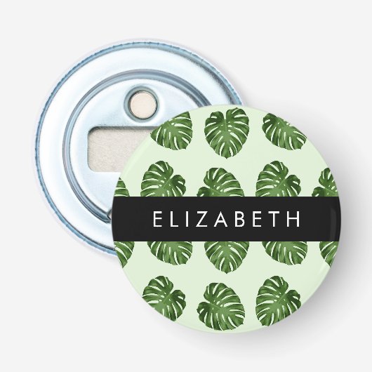 Palmbladeren, tropisch patroon, Jouw naam Button Flesopener (Voorkant)