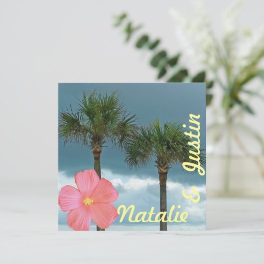 Palmbomen en Hibiscus Tropical Bewaar de datum Save The Date (Staand voorkant)