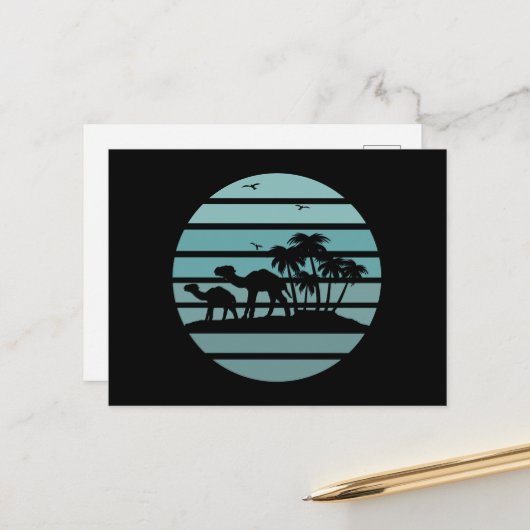 Palmbomen en kamelen feestdagenkaart (Voorkant / Achterkant in situ)