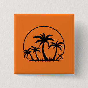 Palmbomen en zonsondergang in zwart vierkante button 5,1 cm