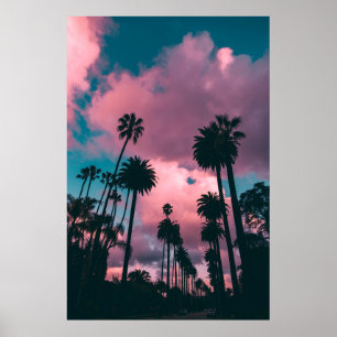 palmbomen onder roze en blue Sky Californië, UNI Poster