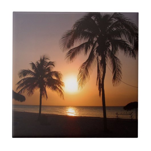 Palmbomen op zonsondergang tegeltje (Voorkant)