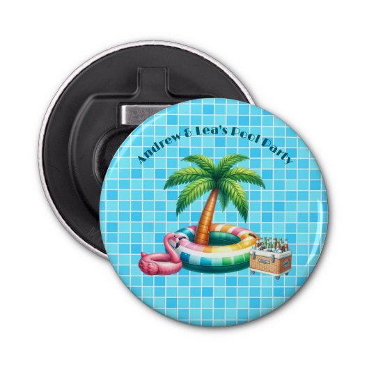 Palmbomen Pool Party Flamingo Button Flesopener (Voorkant)