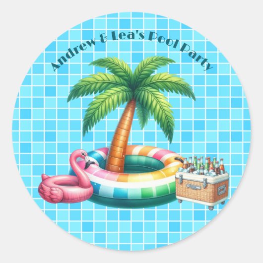 Palmbomen Pool Party Flamingo Ronde Sticker (Voorkant)