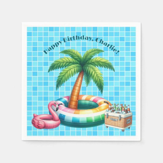 Palmbomen Pool Party Flamingo Verjaardagsfeest Servet (Voorkant)