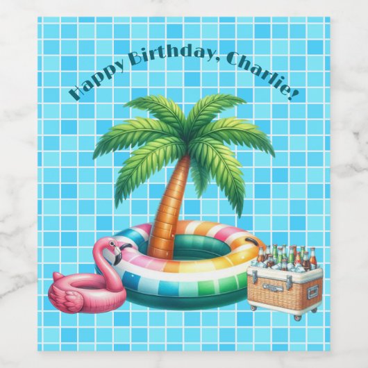 Palmbomen Pool Party Flamingo Verjaardagsfeest Wijn Etiket (Enkel label)