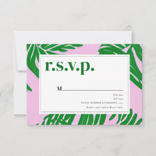 Palmbomen Roze & Groen Tropisch Strand Bruiloft RSVP Kaartje