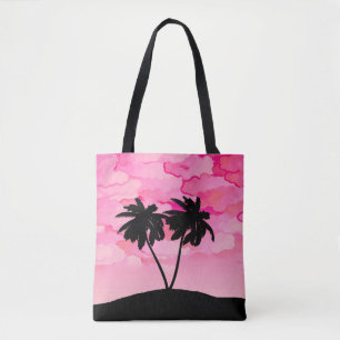 Palmbomen Silhouet, Dageraad Roze met Wolken Draagtas