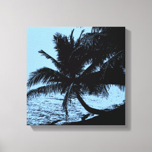 Palmbomen, strand en zee - Blauw Canvas Afdruk
