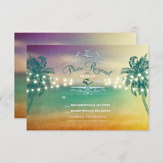 Palmbomen string lichten strand bruiloft RSVP kaar (Voorkant / Achterkant)