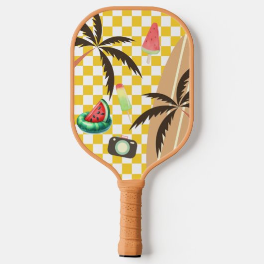 Palmbomen Surfboard Geruit Zomer Pickleball Paddle (Achterkant)