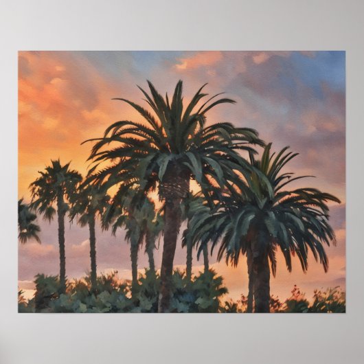 Palmbomen Tropical Sunset Waterverf Art Poster (Voorkant)