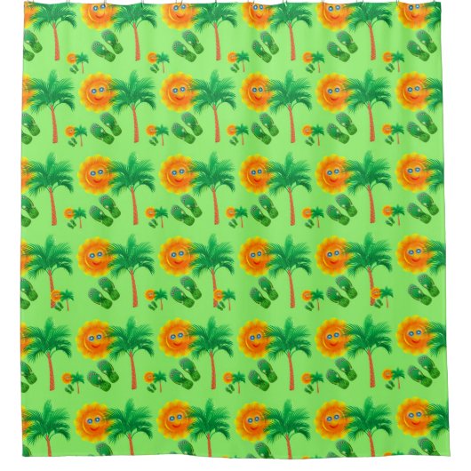 Palmbomen, zon en Teenslippers Douchegordijn (Voorkant)