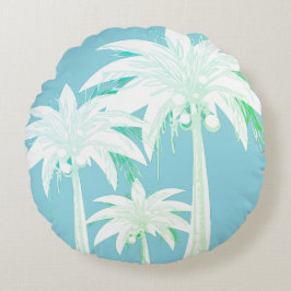 Palmboom Aqua Blue Zomer Groen Wit Tropisch Rond Kussen