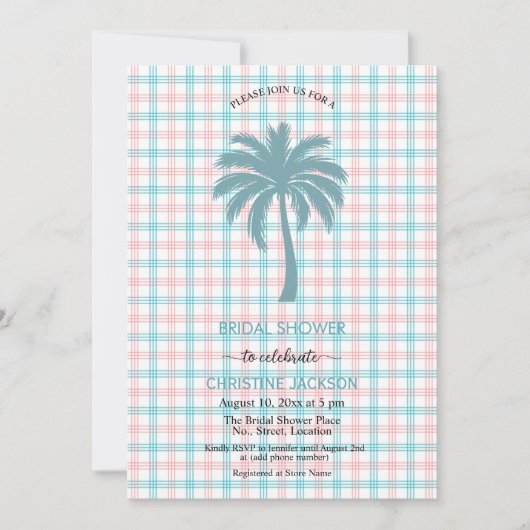 Palmboom Azure Roze Geruit QR Code Bruid Kaart (Voorkant)