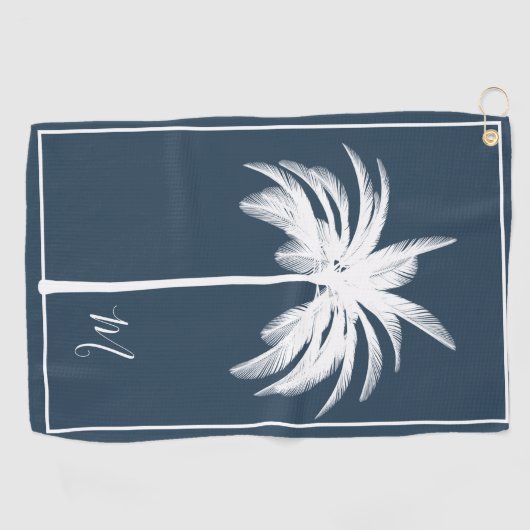Palmboom Blauw Tropisch Elegant Monogram Golfhanddoek (Horizontaal)