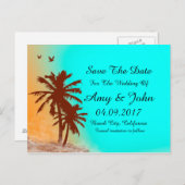 Palmboom blauwe oceaan bruiloft sparen de datum st aankondigingskaart (Voorkant / Achterkant)