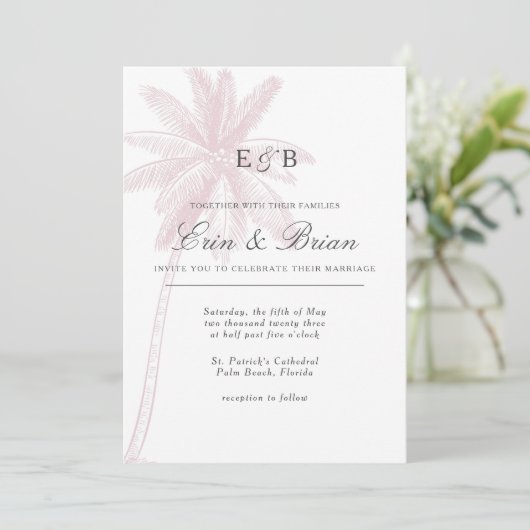 Palmboom bruiloft uitnodiging roze blush  (Staand voorkant)