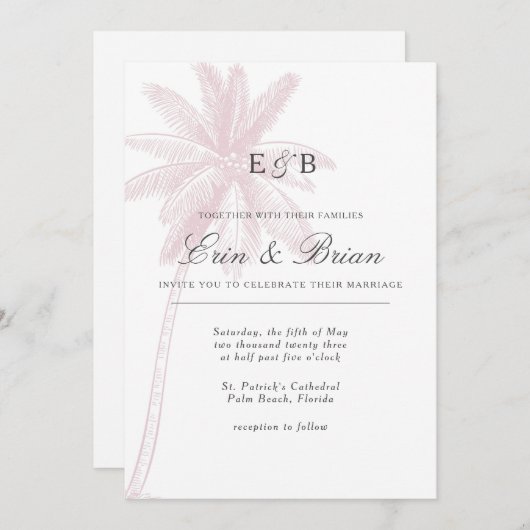 Palmboom bruiloft uitnodiging roze blush  (Voorkant / Achterkant)