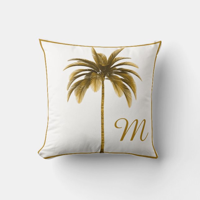 Palmboom  Bruin Lijst Tropisch Monogram Kussen (Voorkant)