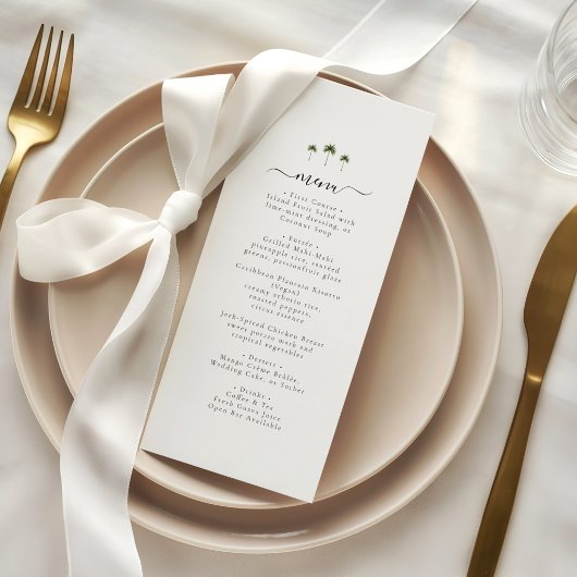Palmboom Elegant Schrift Modern Tropisch Huwelijk Menu